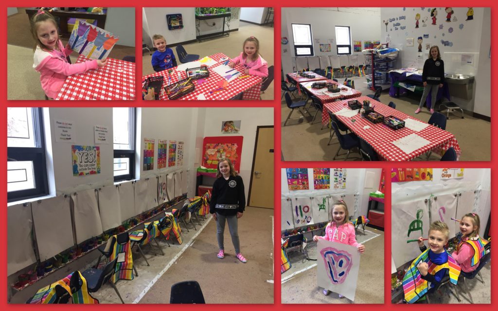 Arts and crafts studio with markers, crayons, scissors, glue, popsicle sticks, yarn, paint